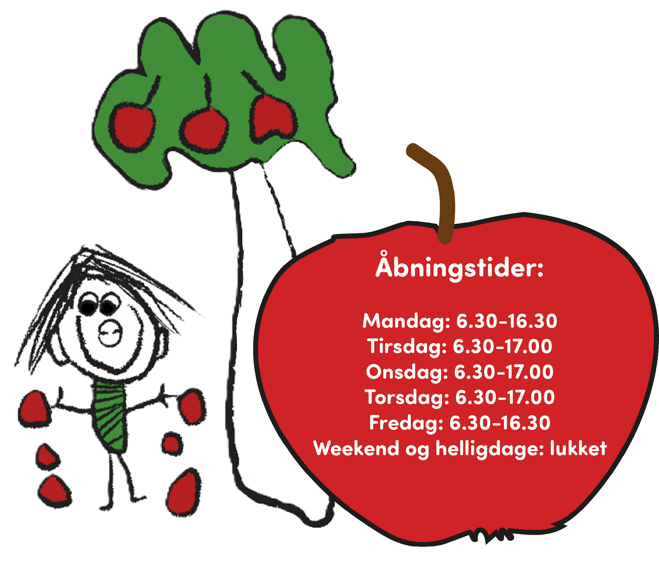 Æbleformet figur med dagtilbuddets åbningstider.